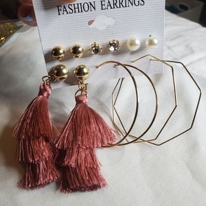 Tassle studs and hoop earrings